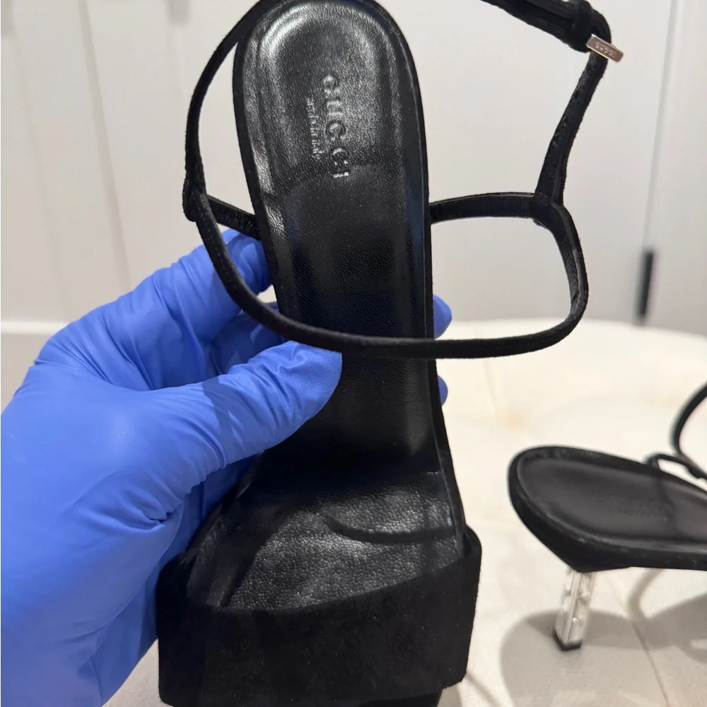 (SOLD) Gucci Black Suede Crystal-Heel Sandals – Size 38.5 - Picture 4 of 10